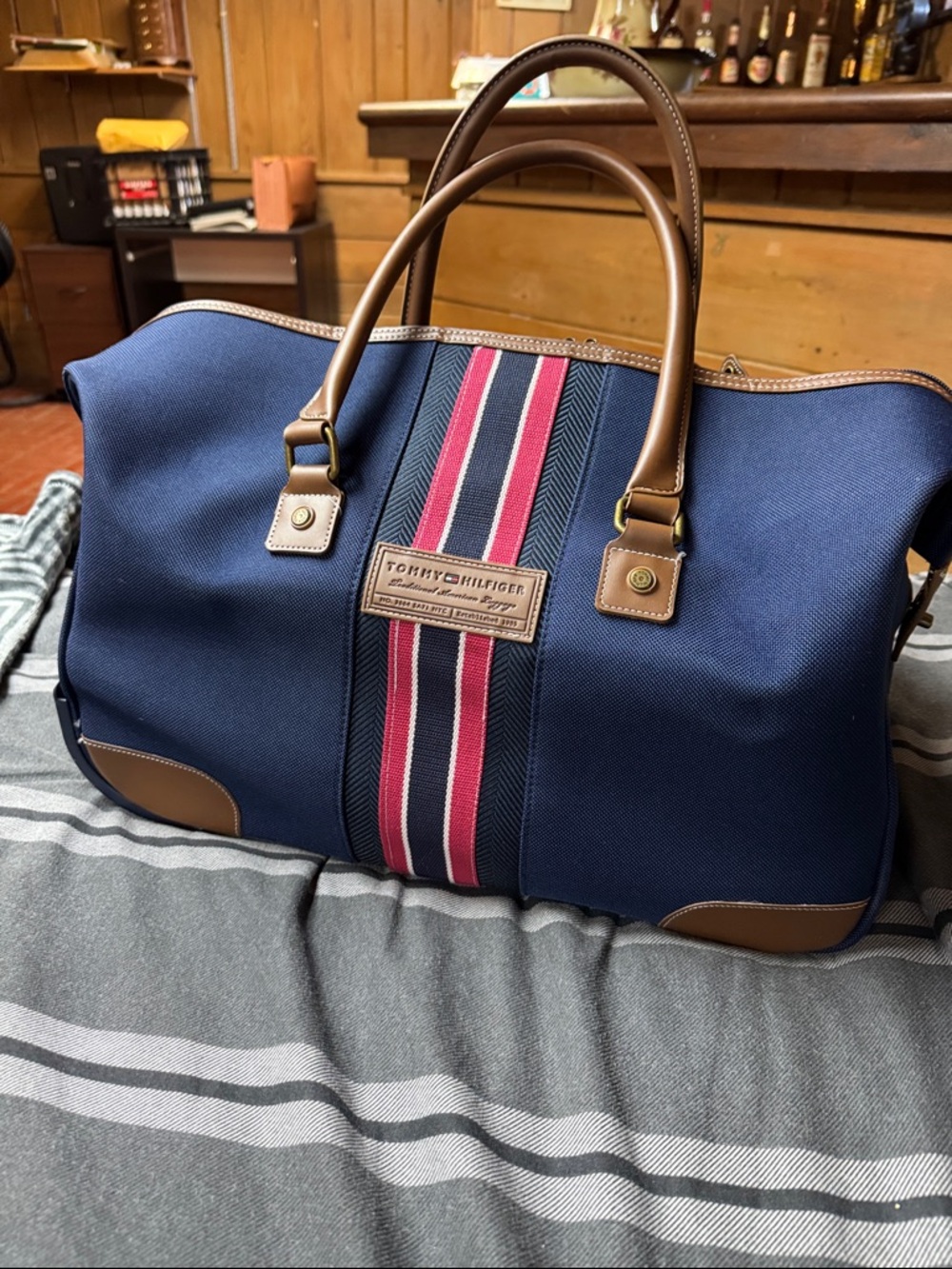 Tommy Hilfiger Navy Canvas Duffel with Red and Pink Center Stripe